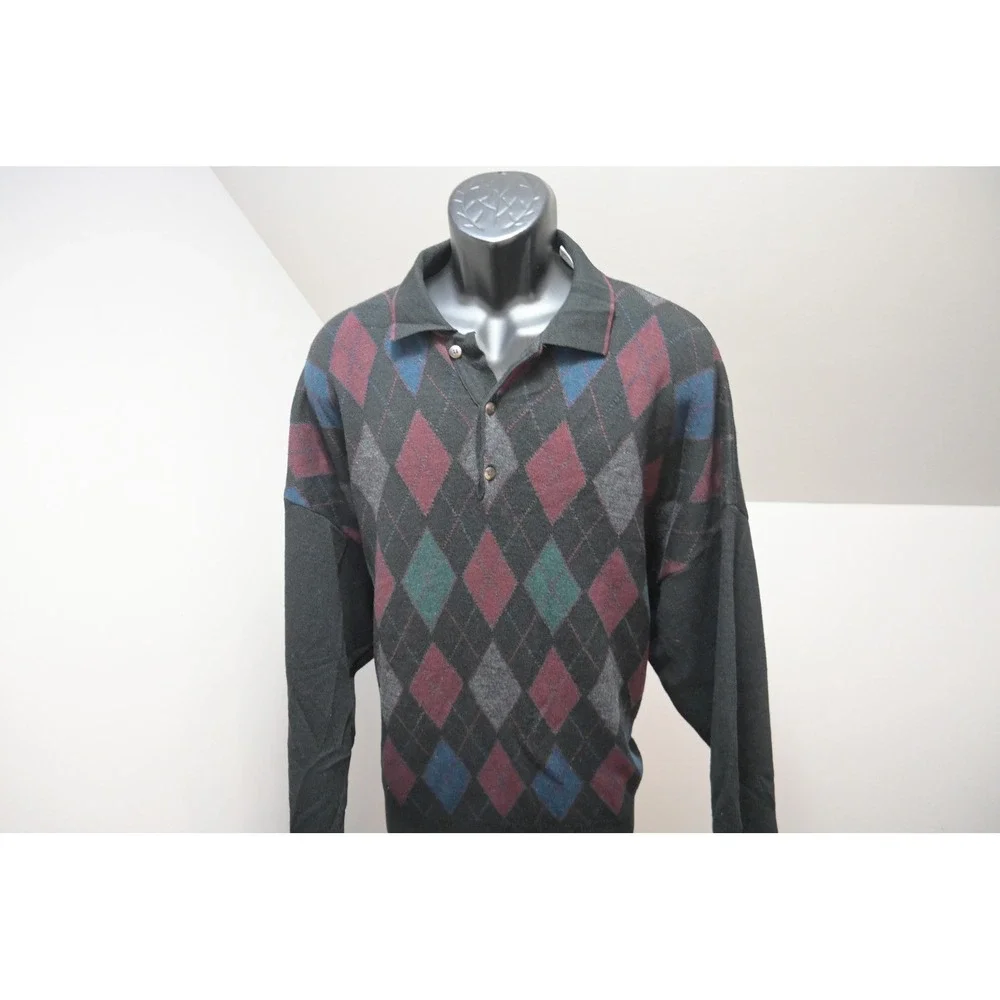Florence Tricot Polo Sweater Mens XXL Black Argyle‎ Wool Blend Italy Excellent